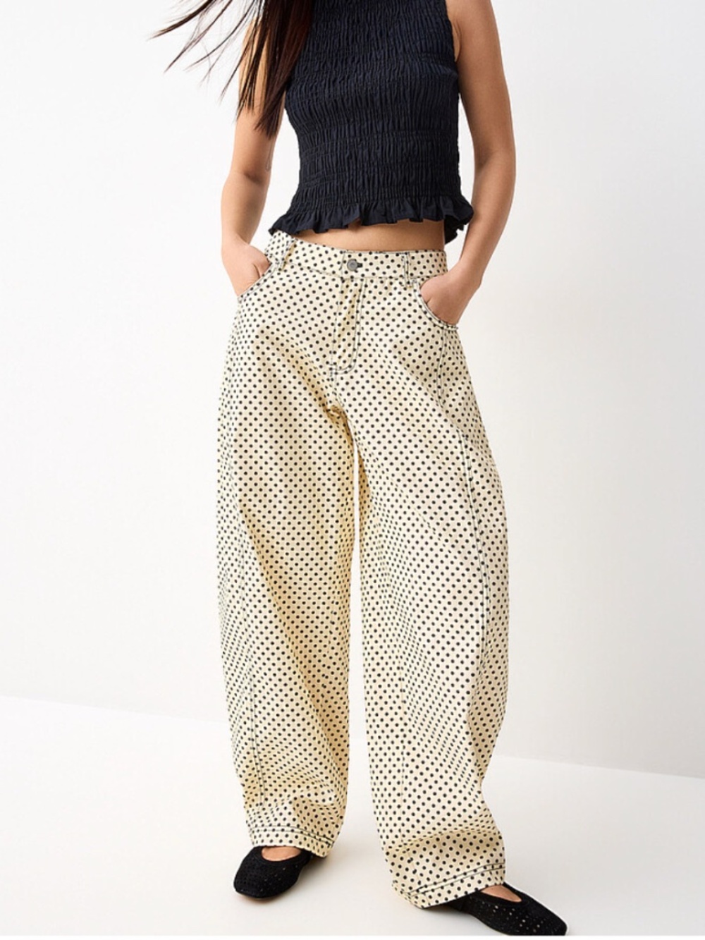Galita Fashion cream and black polka-dotted barrel-leg jean NWT